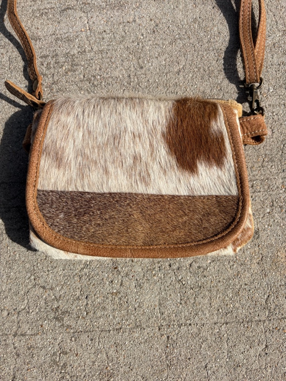 Cowhide Crossbody Bag in Brown & Cream